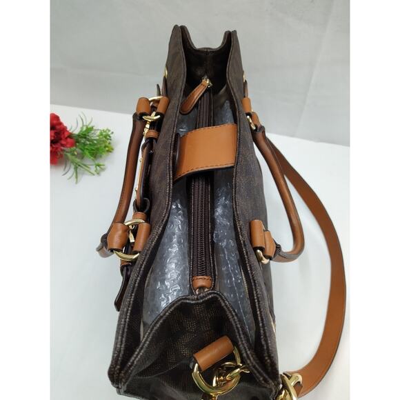 Michael Kors Hamilton Brown Leather MK Printed Tote With Matching Wallet - Picture 9 of 16